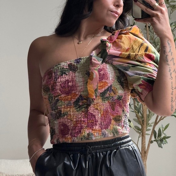 Zara Tops - ZARA • One Shoulder Smocked Floral Puff Sleeve Boho Crop Top XS